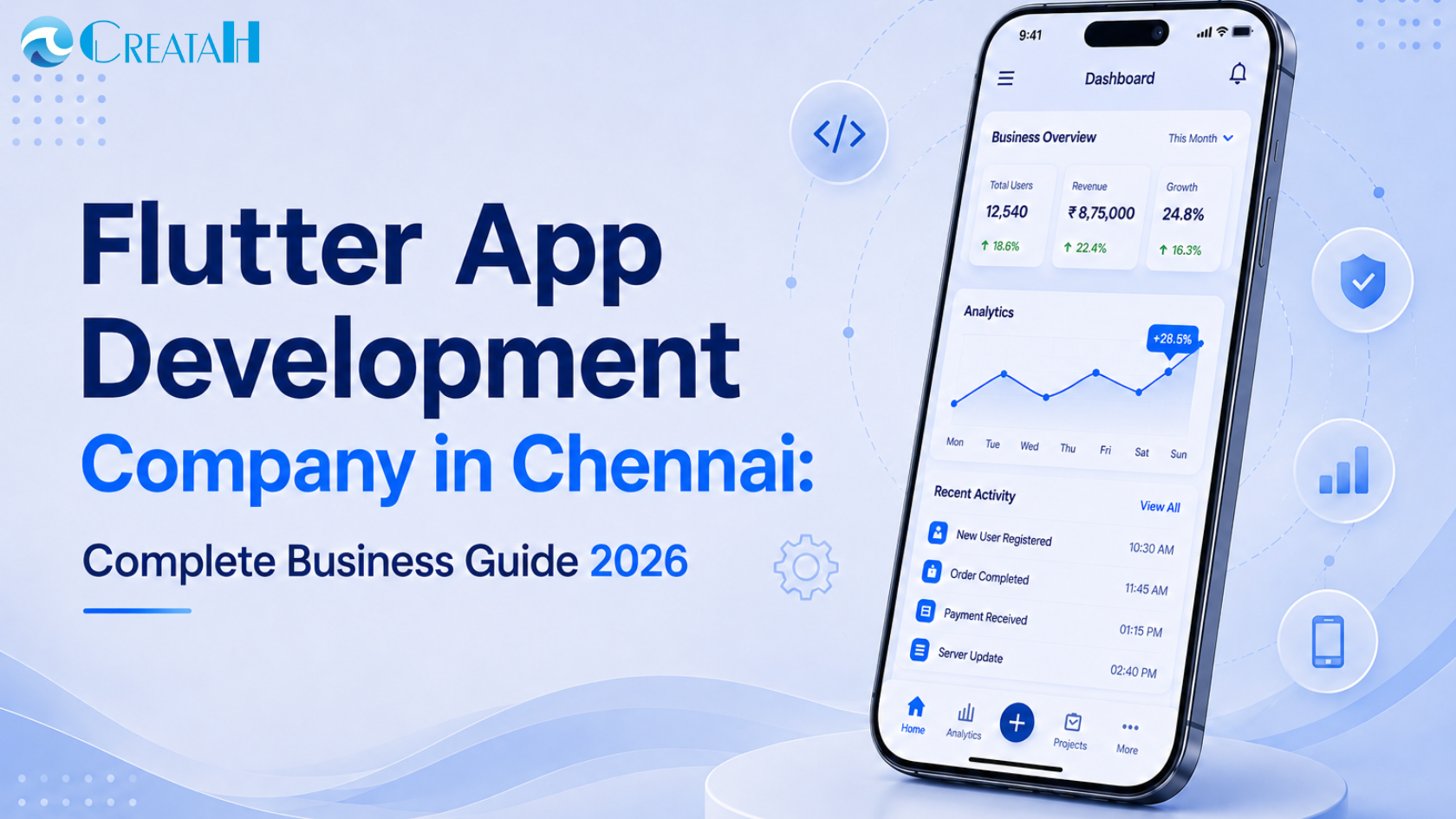 Flutter App Development Company in Chennai guide featuring a smartphone dashboard UI, business analytics, and cross-platform mobile app development.
