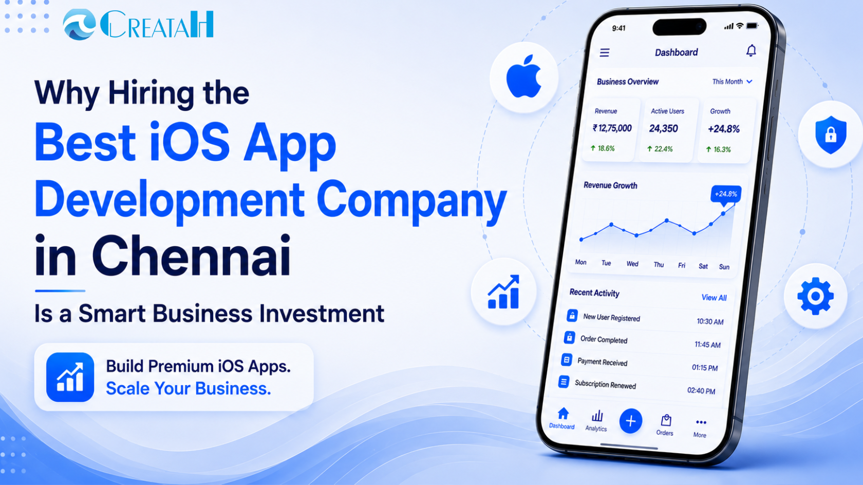 Illustration of an iPhone displaying a business analytics dashboard with growth metrics, representing the best iOS app development company in Chennai and smart business investment.