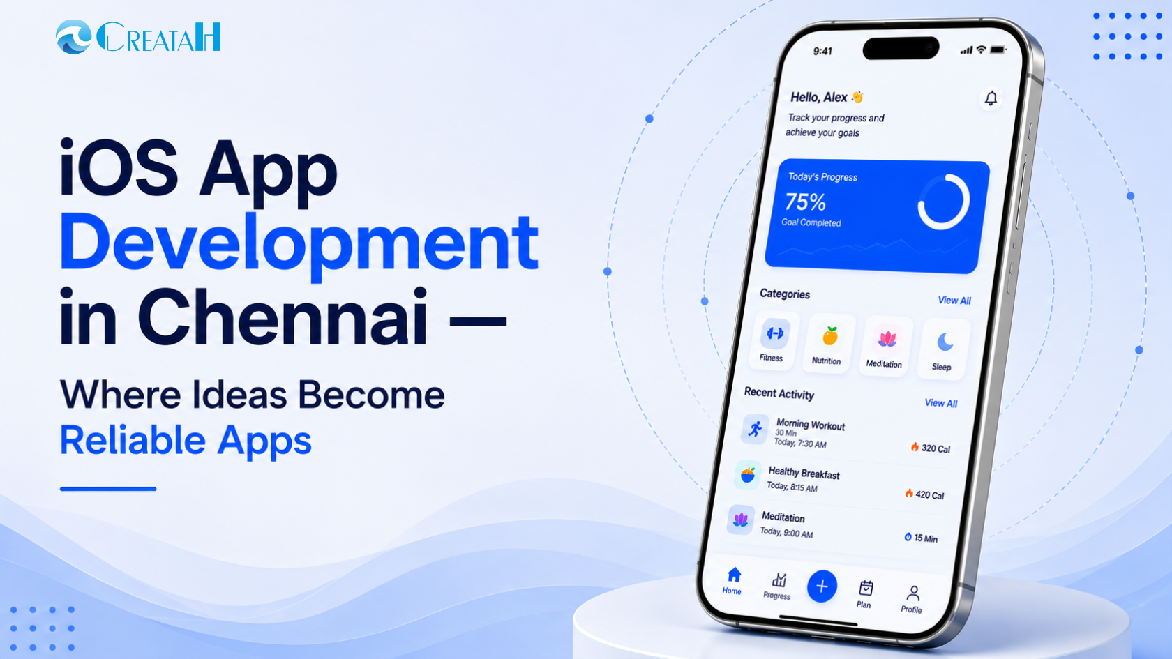 iOS app development in Chennai banner featuring a smartphone app interface and Creatah branding, highlighting reliable iPhone app development services for businesses.