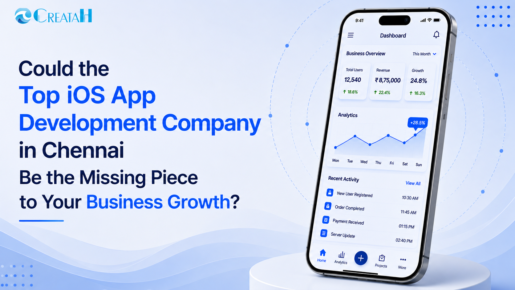 Promotional banner by Creatah showcasing how a top iOS app development company in Chennai helps businesses drive growth through custom iPhone app development and digital transformation.