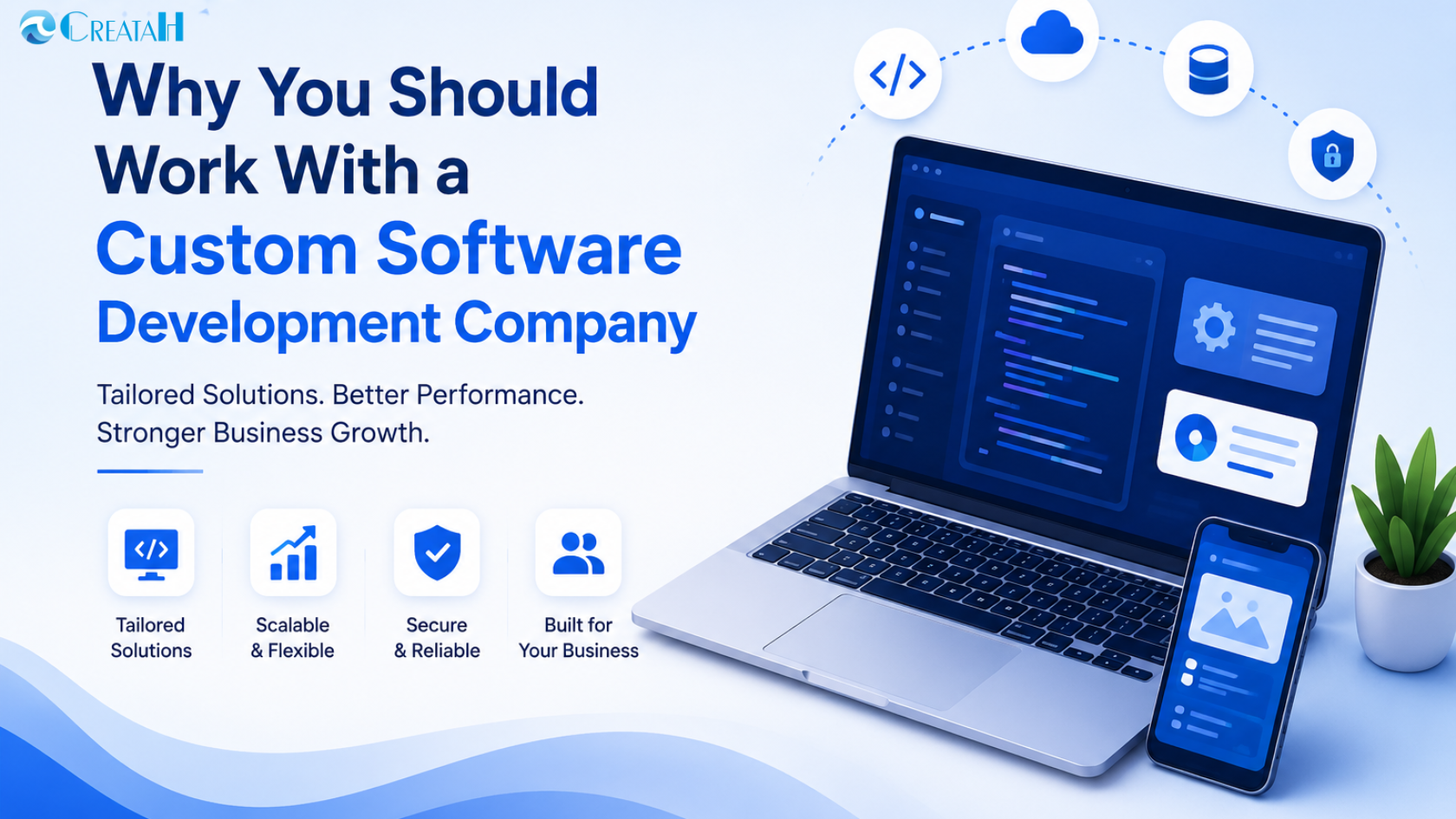 Laptop and mobile screens displaying custom software development interface with icons for coding, cloud, database and security — Creatah custom software development company banner