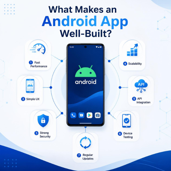 Key features of a well-built Android app including fast performance, simple UX, strong security, scalability, API integration, device testing, and regular updates