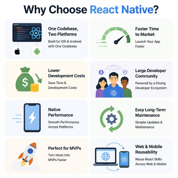 Why choose React Native for mobile app development with benefits including one codebase, lower costs, faster time to market, native performance, and easy maintenance