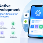 Banner graphic titled 'React Native App Development: Why It's a Smart Choice for Modern Businesses' with Apple and Android icons and a smartphone mockup.