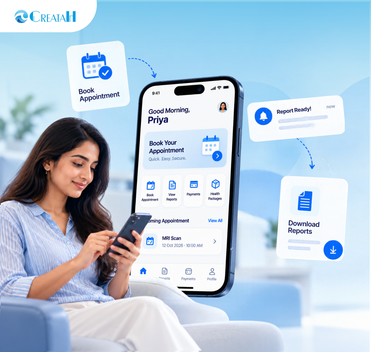 Smiling woman sitting on a sofa using a healthcare mobile app on her phone to book an appointment and view reports.