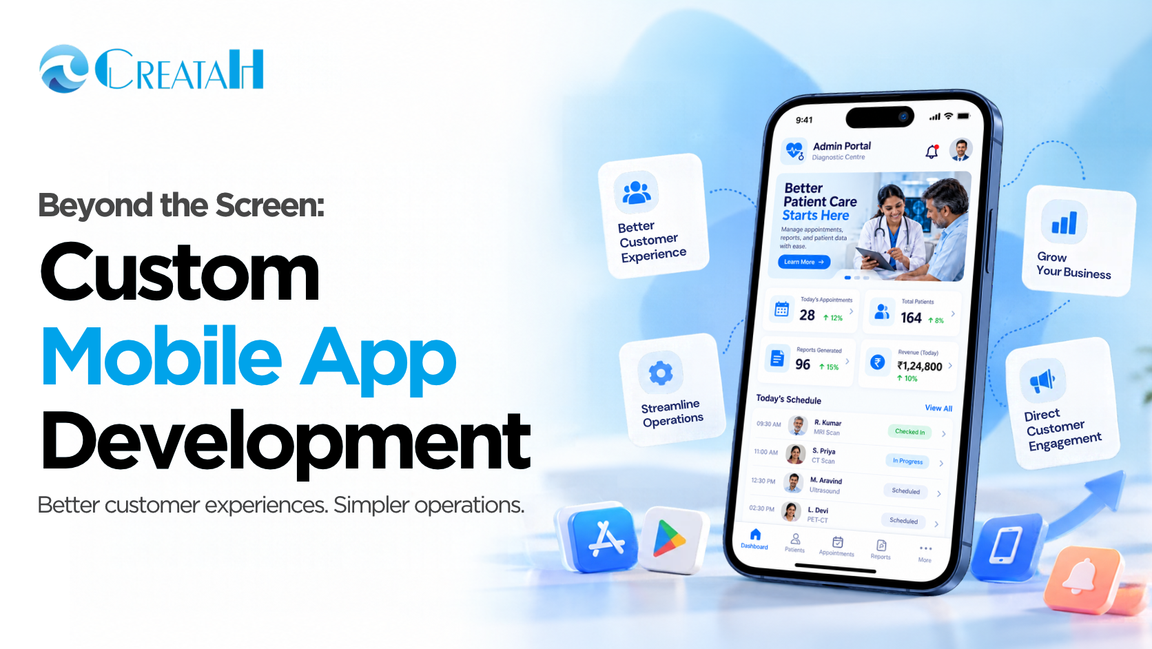 CreataH banner reading "Beyond the Screen: Custom Mobile App Development" with the tagline "Better customer experience. Simpler operations."