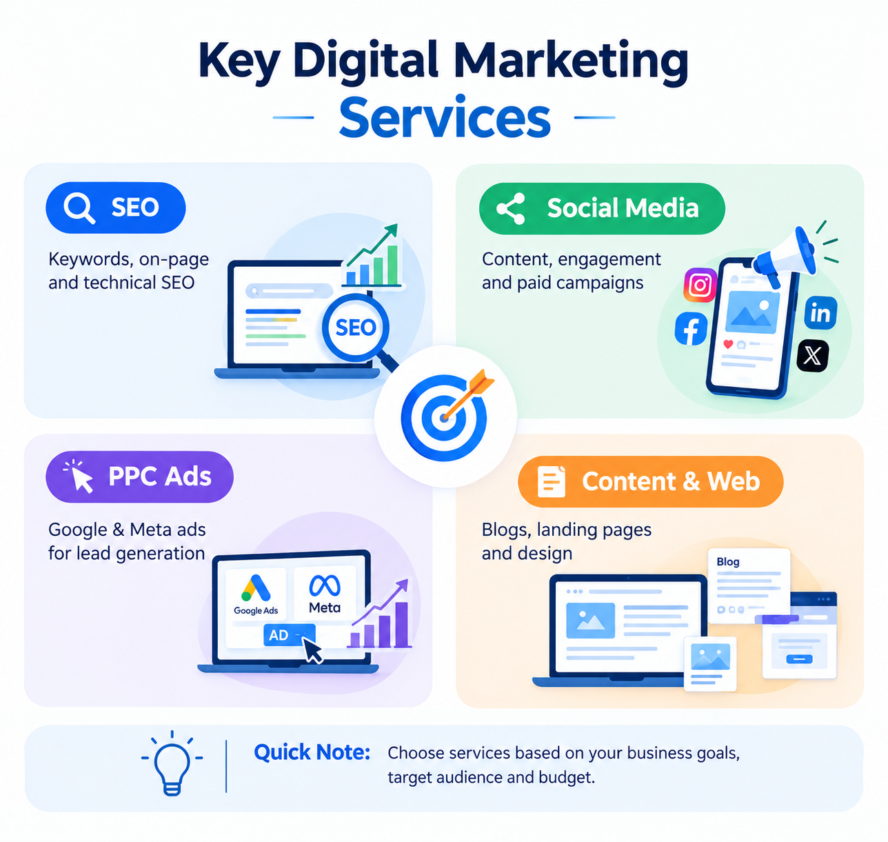 Infographic of key digital marketing services: SEO, social media, PPC ads, and content and web design